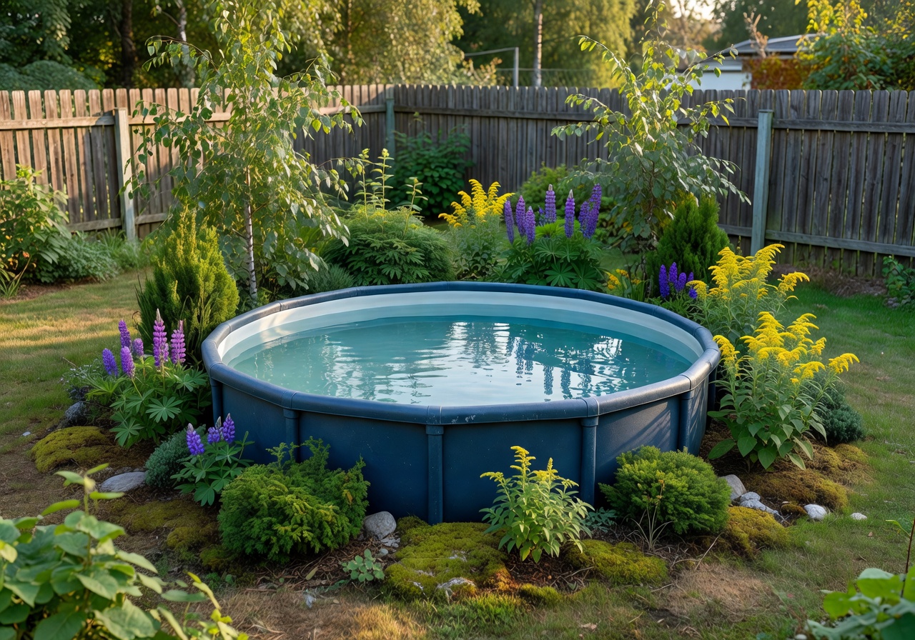 Affordable small garden pool surrounded by lush plants in Vantaa suburban backyard