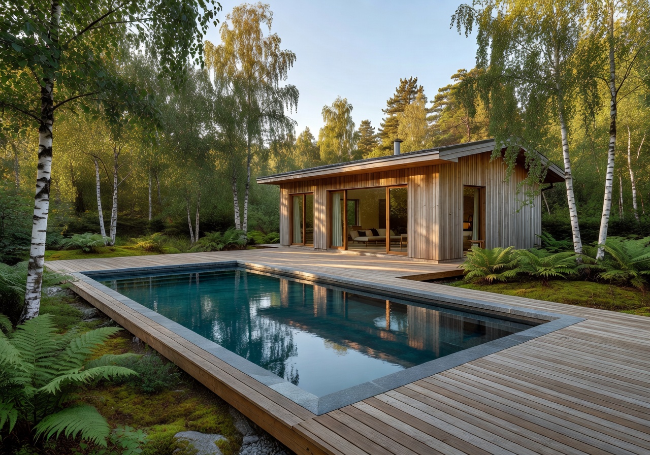 Beautiful Scandinavian home exterior with a garden pool integrated into a wooden deck surrounded by nature