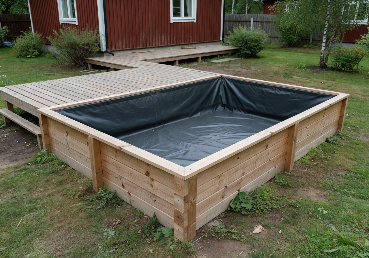 Budget-friendly basic garden pool in a Tampere home backyard with simple deck