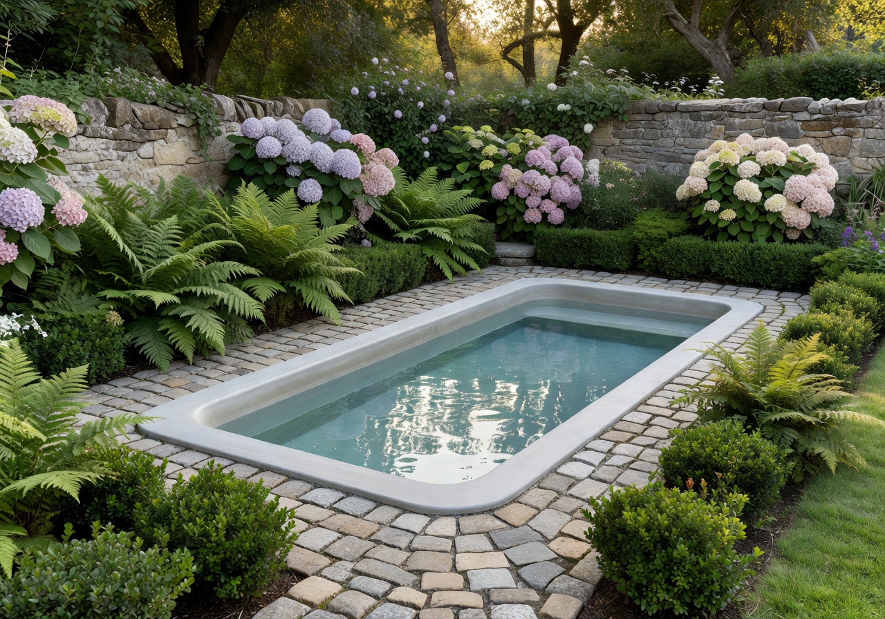 Compact garden pool installation with surrounding greenery in a European backyard setting