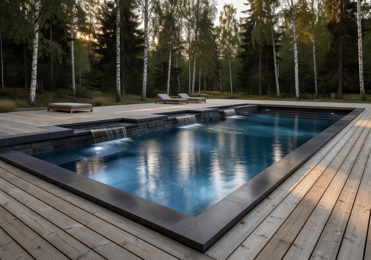 Custom luxury garden pool with integrated water features, LED lighting, and wooden deck in Scandinavian setting