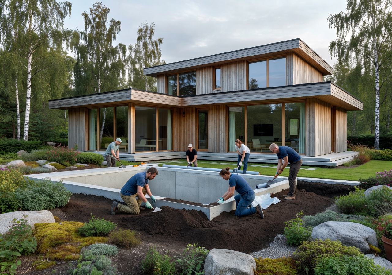Mellosocialrely team working on a garden pool project at a Finnish home with Scandinavian architecture