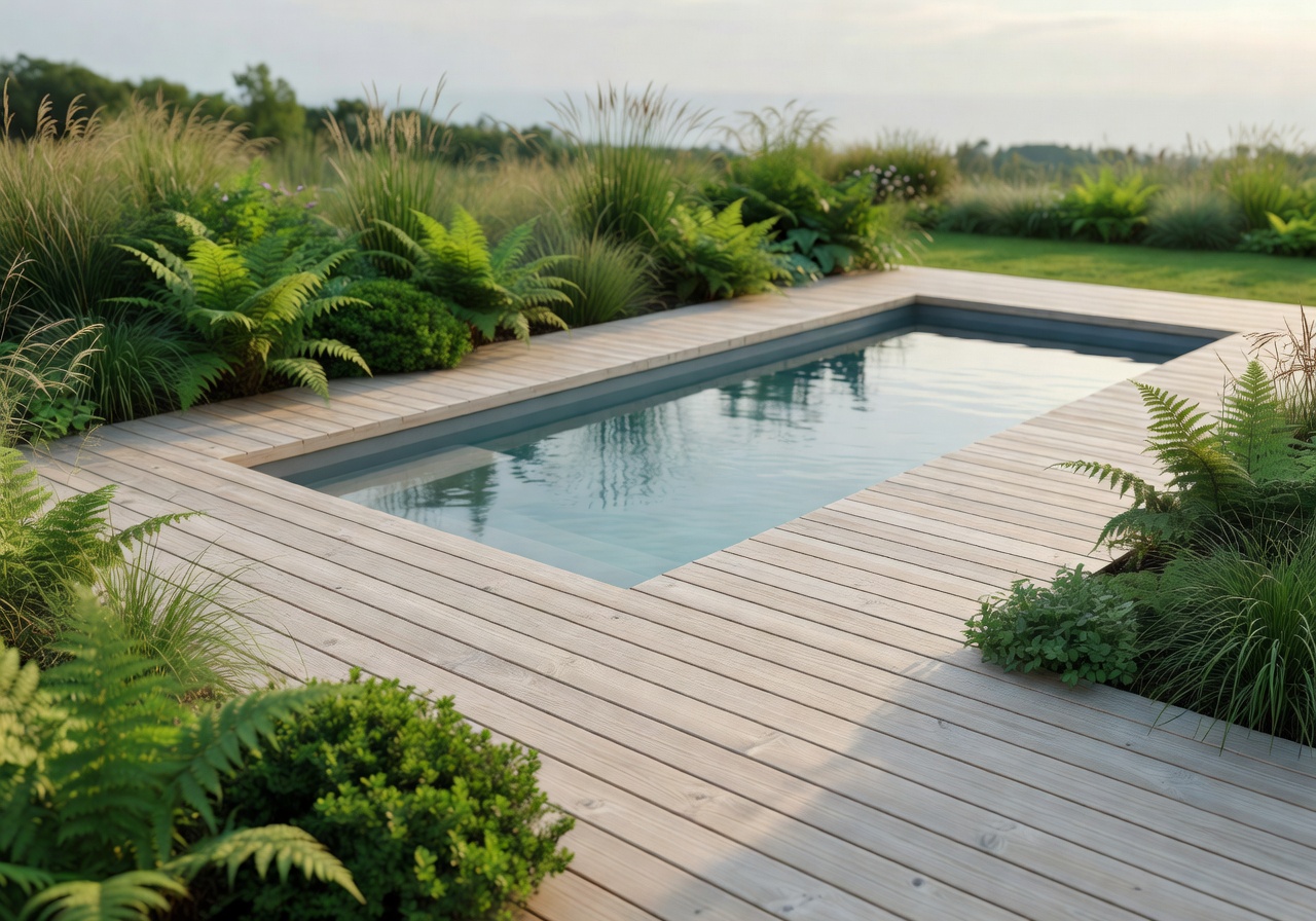 Modern Scandinavian backyard with stylish garden pool surrounded by wooden deck and lush green plants in soft sunlight
