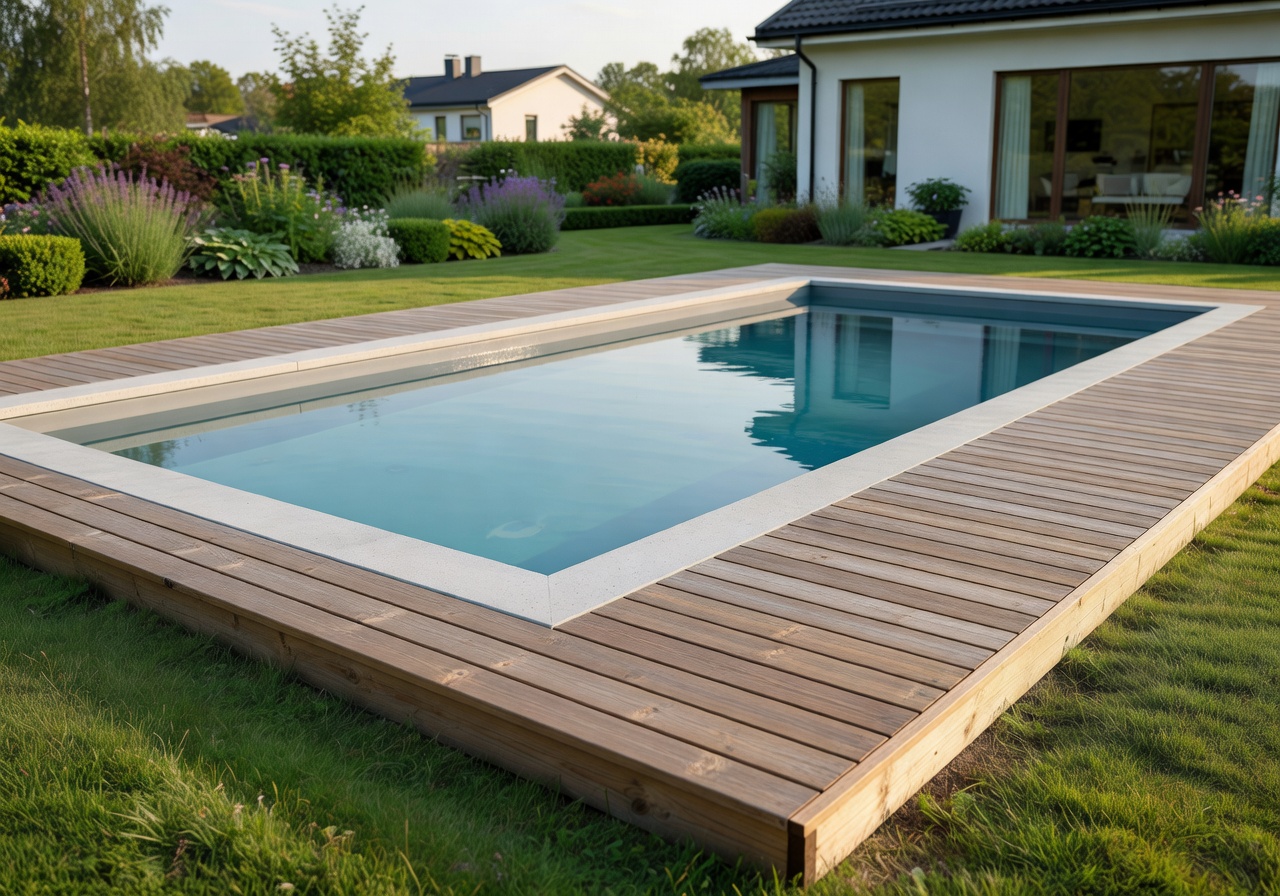Modern standard pool installation with clean lines and wooden deck in Oulu residential garden