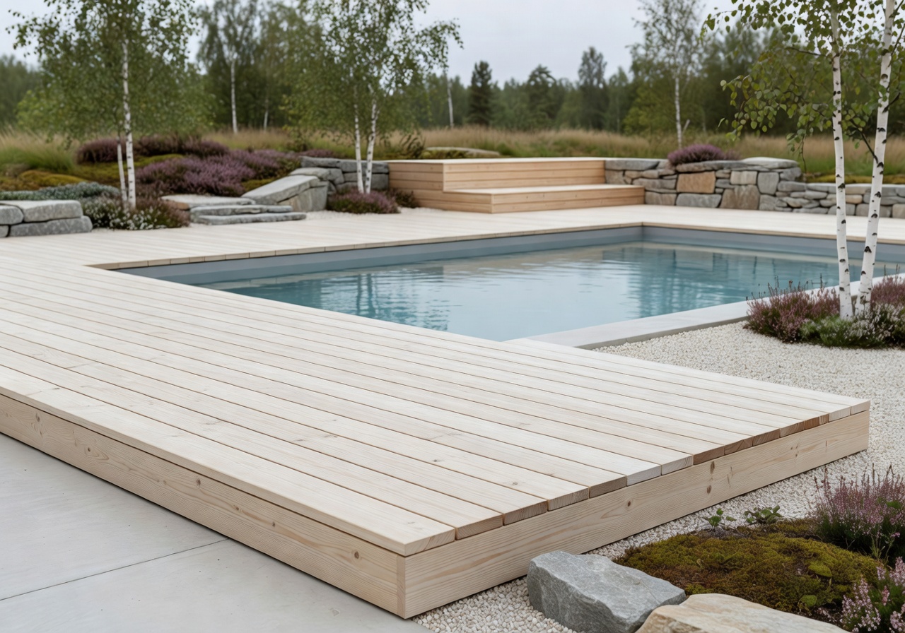 Modern wooden deck pool design in a Scandinavian backyard with clean lines and natural materials