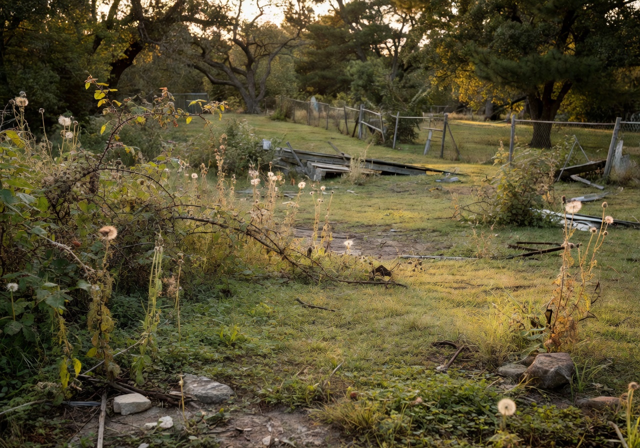 Overgrown backyard space before pool construction and landscaping