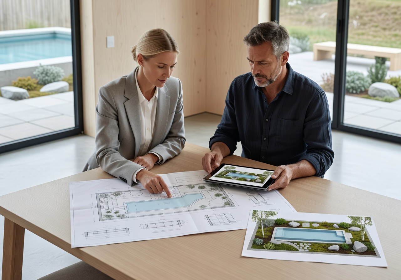 Pool design consultation with 3D rendered plans for a Scandinavian garden pool layout