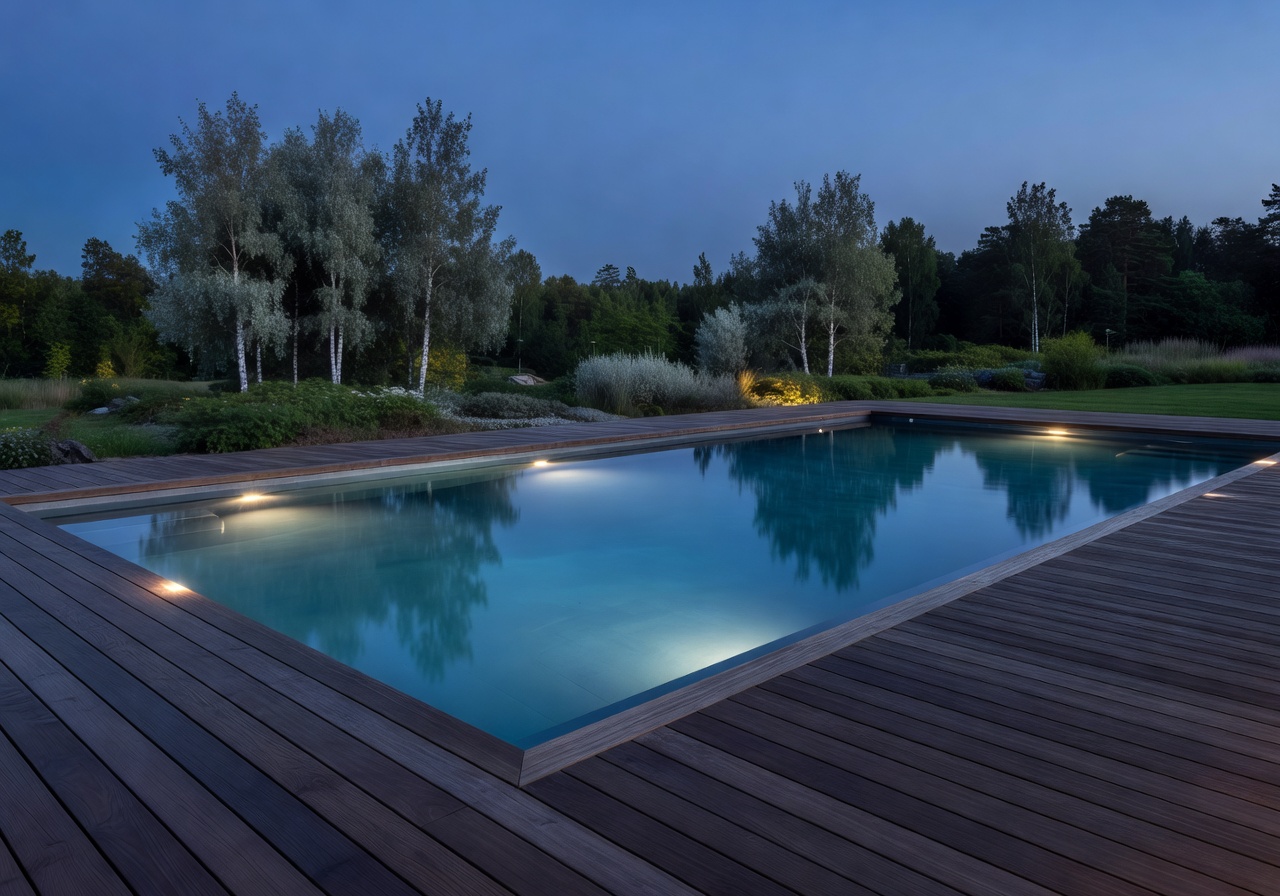 Premium garden pool with modern wooden deck and LED lighting installed at a Helsinki residence