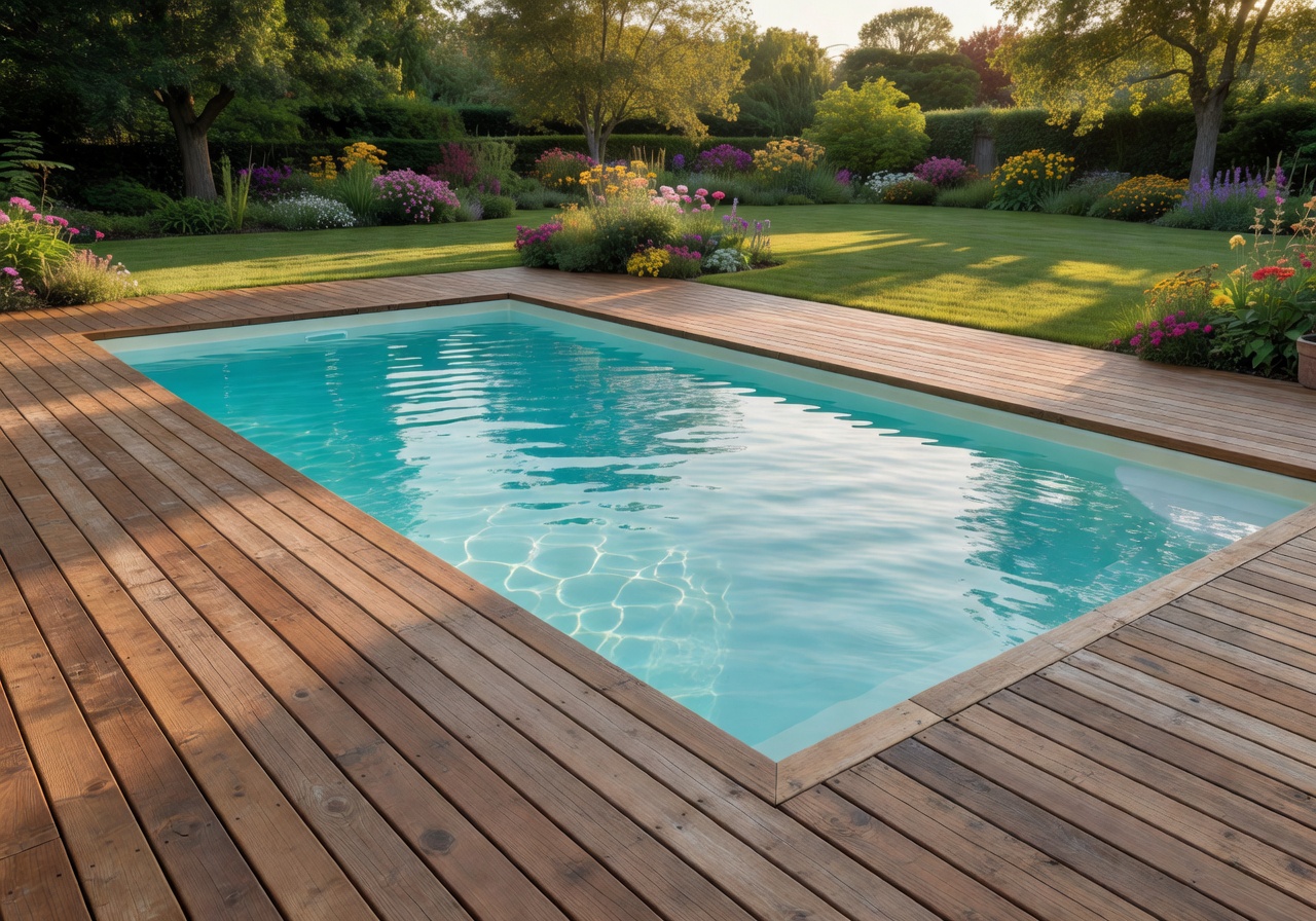 Same backyard after garden pool installation with beautiful pool and deck