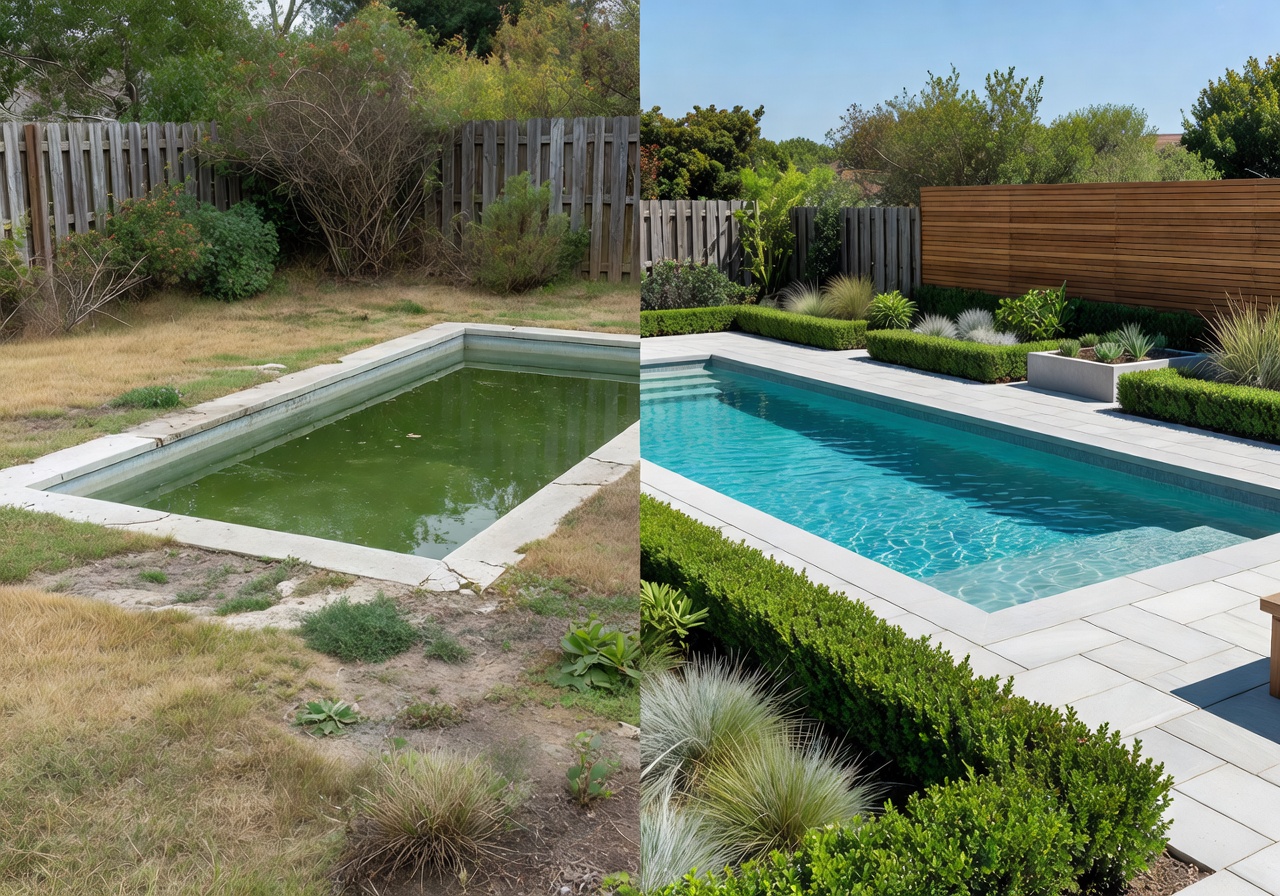 Small backyard pool transformation with before and after renovation showing modern landscaping