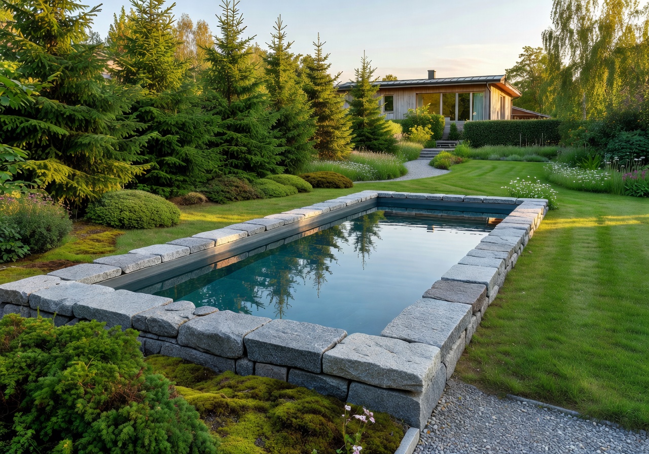Standard garden pool with stone surround installed in Espoo backyard with green landscaping